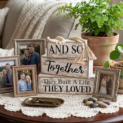 Yuntau 4 Pcs Farmhouse Table Centerpiece Wood Block Signs Tiered Tray Decor - Image 2