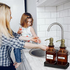 LMQML Soap Dispenser - 2 Pack, Antique Design Thick Amber Glass Hand Soap Dispensers with Sturdy Tray; 304 Rust Proof Stainless Steel Black Pump, 12Pcs Stickers, for Kitchen, Bathroom - Brushed Gold - Image 7