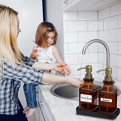 LMQML Soap Dispenser - 2 Pack, Antique Design Thick Amber Glass Hand Soap Dispensers with Sturdy Tray; 304 Rust Proof Stainless Steel Black Pump, 12Pcs Stickers, for Kitchen, Bathroom - Brushed Gold - Image 7