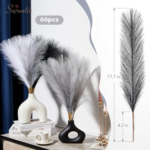 Serwalin 60PCS 17.7" Black White Gray Pampas Grass Decor for Vase Filler - Image 6