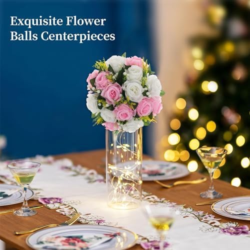 BLOSMON Flower Balls Rose Centerpieces: 2 Pcs 9.5 Inch Pink Fake Flowers - Image 5