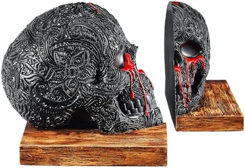 Skull Book Ends Gothic, Lifesize Human, Heavy-Duty Bookends, Skeleton Decorations, Bookends for Shelves, Heavy Books, Black Skull Design Bookend 7x5.1x6.3, Spooky Decor, Holiday - Bloody Black & Red - Image 6