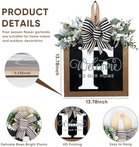 Ultra Large 14'' Last Name All Year Round Front Door Wreath with 26 Initial Letter Welcome Sign All Seasons Eucalyptus Garland and Bow Wreaths for Front Door Porch Farmhouse Decoration (F) - Image 4