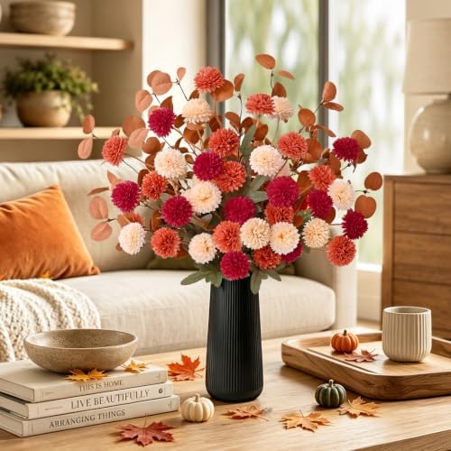12 Pcs Realistic Fall Flowers Fake Mums with Vase, Full Silk Pompon Bulk - Image 5