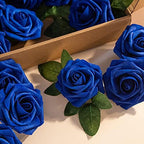 Artificial Flower Foam Rose 25pcs Real Looking Fake Rose with Stems Leaves for Home Decoration Party Garden Centerpieces DIY Wedding Bouquets（Royal Blue） - Image 7