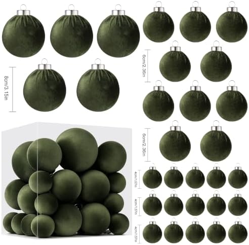 Velvet Christmas Ball Ornaments - 30pcs Flocked Christmas Ornaments Set Shatterproof Classic Hanging Xmas Tree Decorations with Rope for Wreath Holiday Home Decor (Dark Green) - Image 2