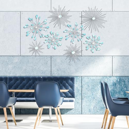 Blulu 8 Pcs Teal Blue Metal Wall Decor Cast Iron Starburst Wall Art Bling Crystal Sculptures Living Room 3D Teardrop Radial Rhinestone Hanging Diamond Accents for Home Office Bedroom Entryway - Image 6