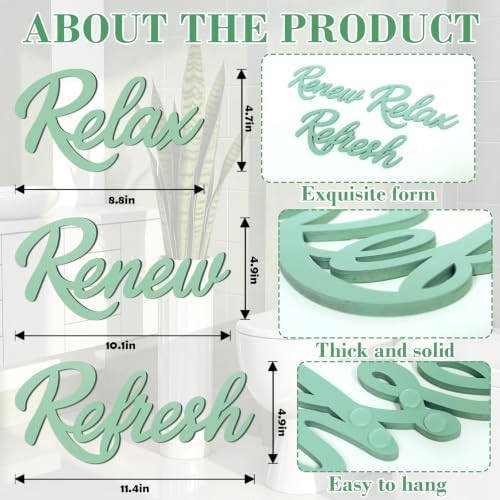 3 Pcs Bathroom Wall Decor Wooden Relax Renew Refresh Sign (Green) - Image 3