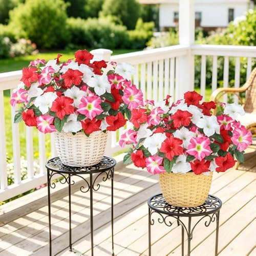 Uieke Artificial Flowers for Outdoors, 24PCS Faux Petunias Outdoor Uv Resistant Silk Flower, Spring Decorations for Home Garden Patio Porch, Red&White - Image 2