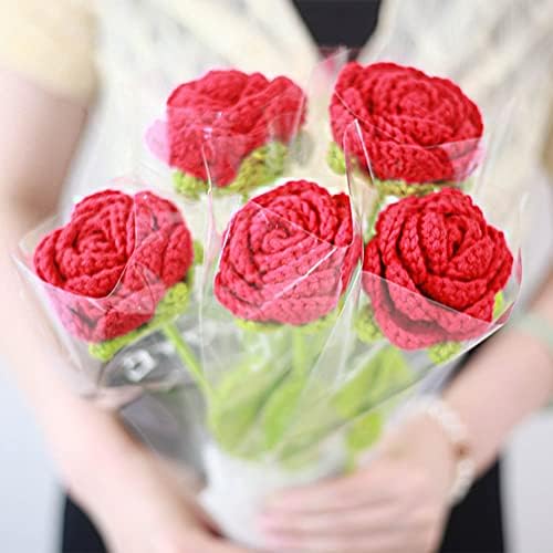 JOONOR 6 Pcs Hand-Woven Roses, Crochet Rose Flower Bouquet, Red - Image 2