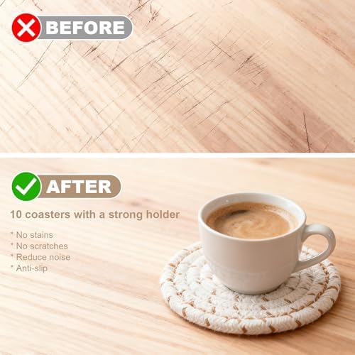 OIAHOMY 10 Pcs Drink Coasters with Holder, Boho Cotton Woven Coaster Set, Absorbent Coaster Protection for Various Cups, Ideal for Coffee Tables Home Decor and Gift, 4.3 Inches,Mixed Yellow - Image 7