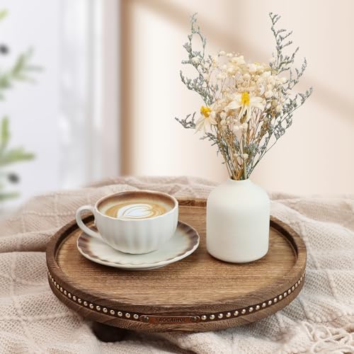 Round Wooden Decorative Tray Coffee Table Tray Home Decor 11.8" Rustic - Image 3