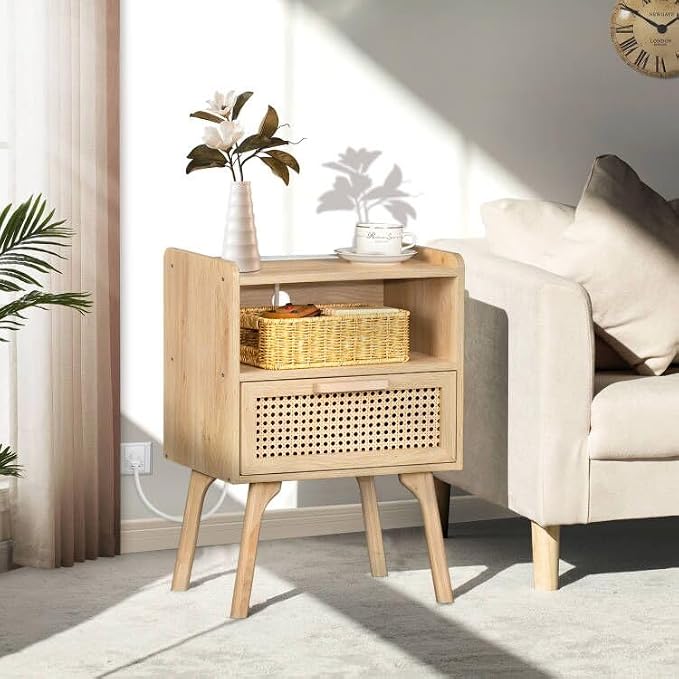 Lerliuo Rattan Nightstand with Charging Station, Boho Side Table with Drawer - Image 2