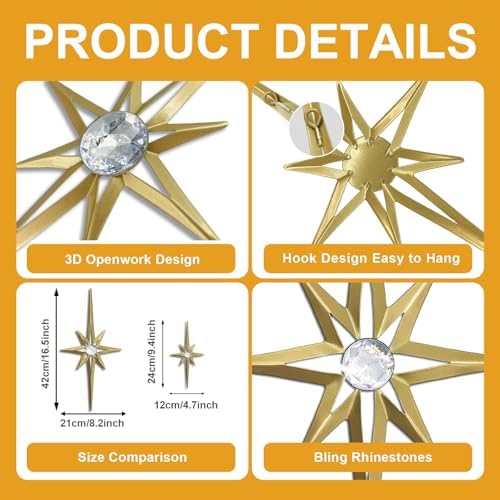 sxnzequnze 4 Pcs Star Wall Art for Home Decor Living Room Bedroom Office Metal 3D,Bling,with Hanging Hook Starburst Midcentury Sculpture Retro Gallery Accent Celestial -Gold 16.5in/9.4in - Image 4