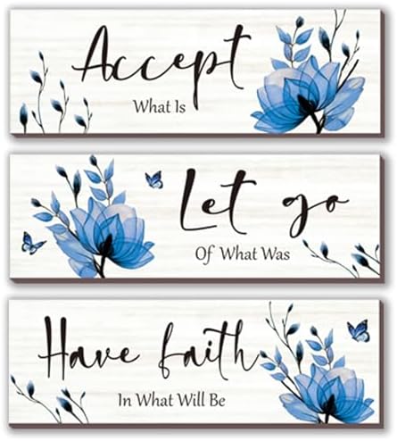 3 Pcs Blue Bathroom Decor Rustic Flower Wall Art Accept Let Go Have Faith Farmhouse Bedroom Wall Decor Wooden Inspirational Quotes Decorations for Living Room Bathroom Bedroom(Blue, 12 x 4 Inches) by ONIZHITY