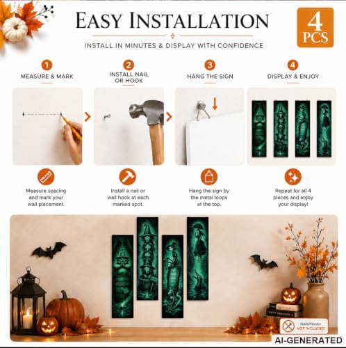 Retro Halloween Sign, 4 Pcs Halloween Hanging Signs, Wooden Wall Art Decor - Image 7