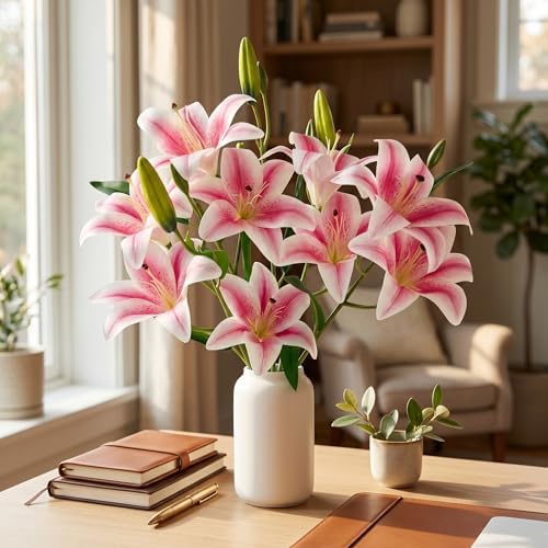 Artificial Lily Flowers with 9 Full Blooms & 3 Buds, Real Touch Long Stem Faux Tiger Lily for Home Hotel Office Wedding Party Table Centerpieces Decor(Light Pink) - Image 4