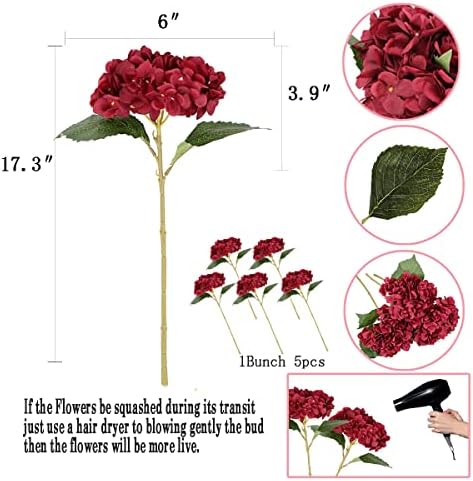 6Pcs 18" Burgundy Red Silk Hydrangea Artificial Flowers - Image 2