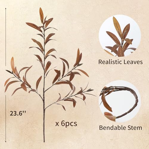 6Pcs Faux Olive Branches for Vases,23.6'' Tall Faux Fall Stems for Vases,Brown Artificial Olive Tree Branches for Fall Decor,Fall Foliage Stems,Fall Eucalyptus Stems for Home Decor,Floral Arrangement - Image 2