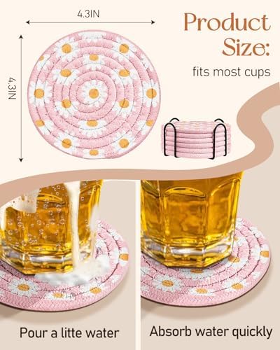 Absorbent Cup Coasters Set of 6 with Holder, Daisy - Image 4