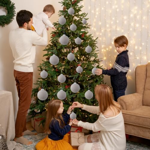 46Pcs Velvet Christmas Ball Ornaments Set - Flocked Shatterproof Christmas Tree Decorations Classic Hanging Ornaments with Rope for Xmas Wreath Holiday Home Decor (Multi-Size, Grey) - Image 6