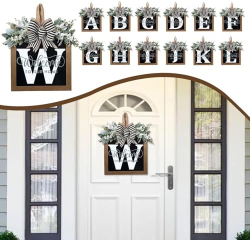Ultra Large 14'' Last Name All Year Round Front Door Wreath with 26 Initial Letter Welcome Sign All Seasons Eucalyptus Garland and Bow Wreaths for Front Door Porch Farmhouse Decoration(W) - Image 5