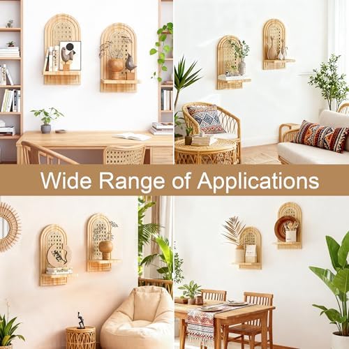 Rattan Wall Shelf Set of 2, 7'' Natural Floating Shelves Boho Decor, Rustic Wood Arched Rattan Wall Mounted Storage Shelves for Plant Figurines Display, Wicker Shelf for Living Room Nursery Bedroom - Image 7