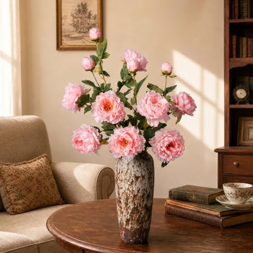 Silk Peony Artificial Flowers, 4PCS, Light Pink 31.5'' Long Sterm - Image 3
