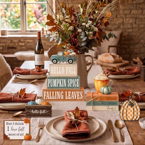 11 Pcs Fall Coffee Table Decor for Home, Wooden Pumpkin Spice Signs - Image 3