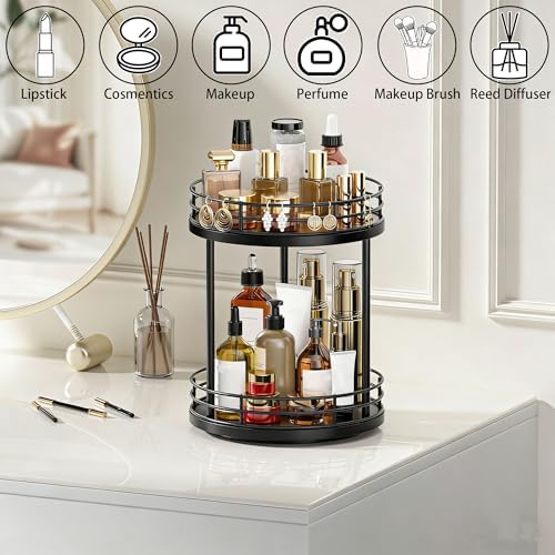 2-Tier Rotating Bathroom Countertop Organizer, Wooden Makeup Vanity Storage, Multifunctional Lazy Susan Turntable for Skincare, Perfume and Cosmetics (Black) - Image 2
