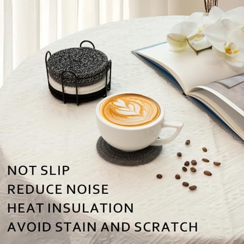 OIAHOMY 8 Pcs Coasters with Holder for Beer, Coffee, Woven Cotton Coaster Set for Table Decor for Kitchen, Bar, Dining Room, Living Room, Housewarming Gifts - Black - Image 7