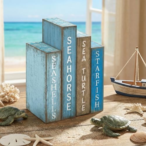 Lineshading 4 Pcs Summer Table Decoration Wooden Book Coastal Beach Sign - Image 6