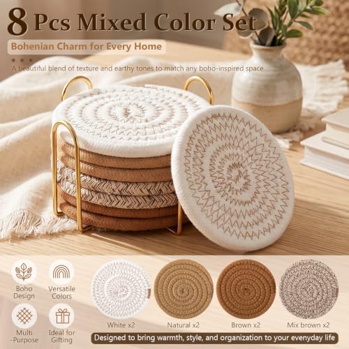 OIAHOMY 8 Pcs Coasters with Holder for Beer, Coffee, Woven Cotton Coaster Set for Table Decor for Kitchen, Bar, Dining Room, Living Room, Housewarming Gifts - Yellow - Image 5
