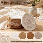 OIAHOMY 8 Pcs Coasters with Holder for Beer, Coffee, Woven Cotton Coaster Set for Table Decor for Kitchen, Bar, Dining Room, Living Room, Housewarming Gifts - Yellow - Image 5