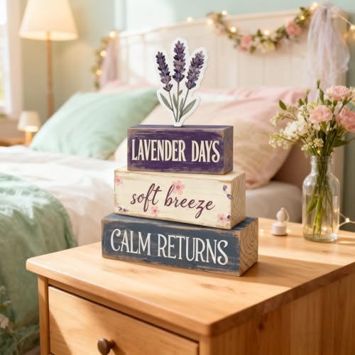 Spring Decoration For Home Wooden Lavender Tiered Tray Decor Rustic Spring Block Sign with Lavender Farmhouse Tabletop Spring Decor Centerpiece for Tables Seasonal Home Easter Decor - Image 6