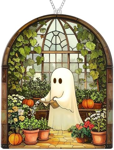 Halloween Stained Glass Ghost Plant Ornament, Suncatcher Decor by Boyese