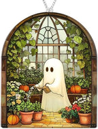 Halloween Stained Glass Ghost Plant Ornament, Suncatcher Decor by Boyese