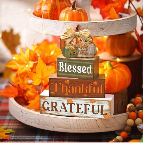 4 Pcs Fall Decor for Home Thanksful Pumpkin Wooden Signs with Blessed - Image 6