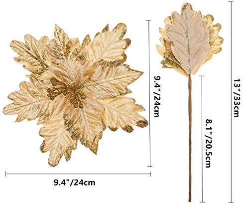 10 PCS Glitter Poinsettias, 9.4" Artificial Christmas Flowers, Gold - Image 3