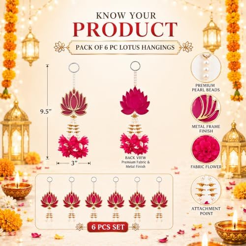 Lotus Hanging Wall Decor for Diwali, Home, Pooja, Temple, Festival Set of 6 - Image 2