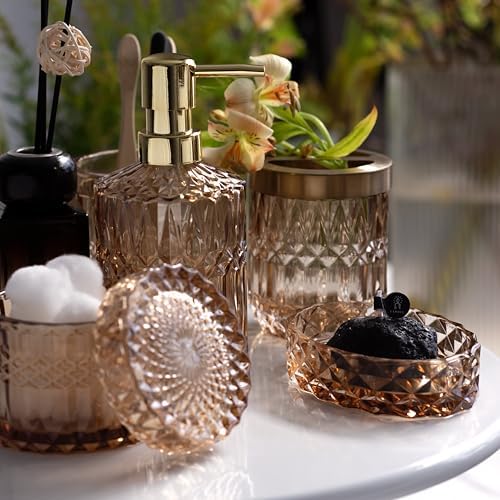 EMPO 6PCS Bathroom Clear Glass Accessories Set (Lotion Soap Dispenser, Soap Dish, Toothbrush Holder, Tumbler, Cotton Swab Jar), Contemporary Modern Decor Crystal Vintage Gift (6pcs Brown) - Image 5