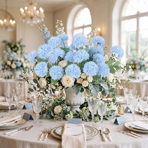 8PCS Blue 24 Head 3" Large Chrysanthemum Artificial Flower Balls Stems - Image 3