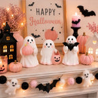 Halloween Ghost Decor, 3 Pcs Cute Pink Resin Ghost Figurines with Pumpkin, Candy Bowl & Bat, Small Halloween Decorations Indoor, Spooky Home Decor for Table, Shelf, Tiered Tray & Mantel - Image 6