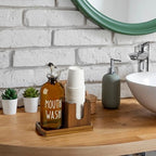 Amber Glass Mouthwash Dispenser for Bathroom, 16 OZ Mouthwash Dispenser with Pour Spout and Acacia Wood Cup Holder and Tray, Mouth Wash Bottle Container for Kitchen Bathroom Decor and Accessories - Image 5