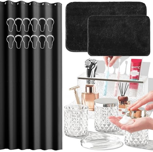 Glass Bathroom Accessories Set, Bathroom Set with Shower Curtain and Rugs, Soap Dispenser, Soap Dish, Cup, Qtip Jar, Toothbrush Holder, Stylish & Functional Bath Decor for Home, Apartment by BSSN