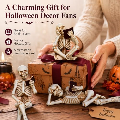 Dlfghos 3 Pieces Halloween Skeleton Statue Halloween Skull Figurine Home Decor Reading Skeleton Figurines Decorations for Indoor Fireplace Home Kitchen Desk Office Party - Image 6