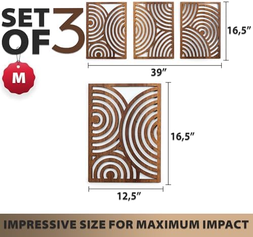 qmmp Modern Wooden Wall Sculptures - Set of 3 - Home Decor Accent - Large Wall Art for Living Room, Bedroom, Office - Easy Installation (Walnut, Medium - Orbit) - Image 4