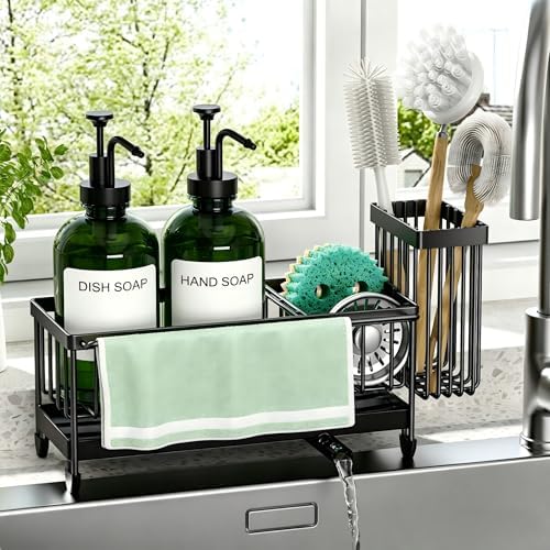 Kitchen Soap Dispenser Set with Sponge Holder and Towel Rack, 17OZ Glass Bottle, Hand and Dish Soap Dispenser Set, Non-Slip Silicone Pad, Brush Holder, Kitchen Sink Caddy Organizer Countertop (Green) by Unknown