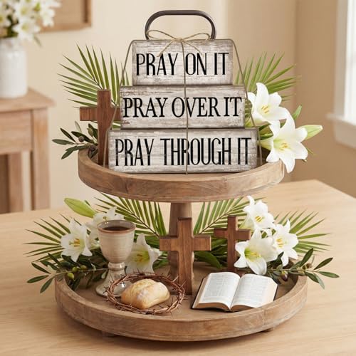 Yuntau 4 Pcs Christian Wooden Block Sign Pray Verse Tiered Tray Decor - Image 5