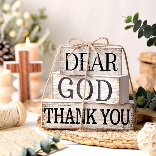 CroBlissful 4 Pcs Farmhouse Wooden Table Decor Christian Tiered Tray Decorations Rustic Religious Gift Block Sign Dear God Thank You Table Centerpiece for Home Kitchen Living Room Shelf Mantle - Image 2